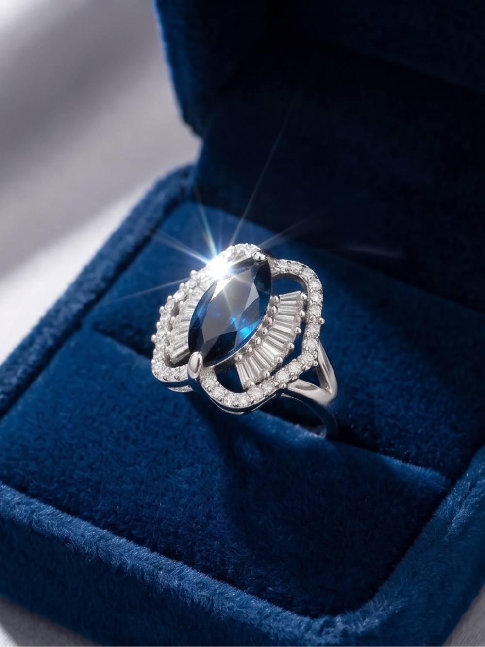 Marquise-Shaped Lab Made Blue Sapphire & Clear CZ’s Cocktail Ring Size 7